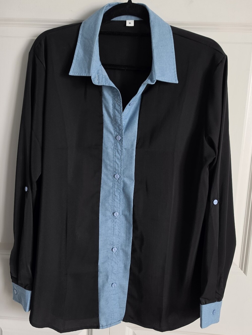 Women’s Black Button-Down Shirt with Light Blue denim Trim
